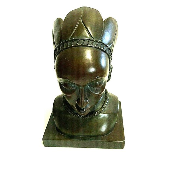 African / Native American Women Head Statue Feather Head-Set Brown Vintage 6" h.